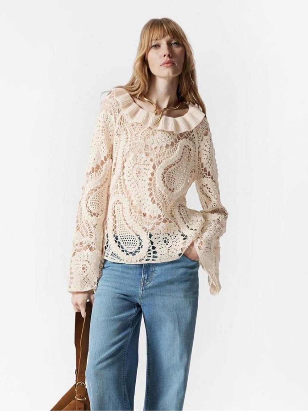 & Other Stories Cream Paisley Open Knit Crochet Blouse